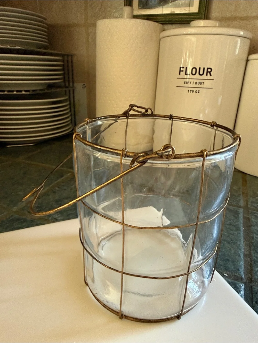 Clear Glass Lantern with Coppery Wire Cage with Handle